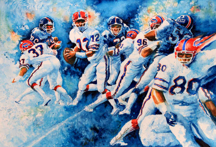 Buffalo Bills football action celebrity Jim Kelly portrait painting