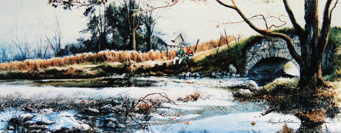 Painting Of Boy And Grandpa Fishing In A Stream