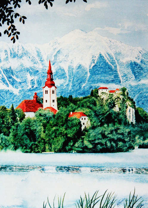 Slovenija Misty Bled Lake Island Painting