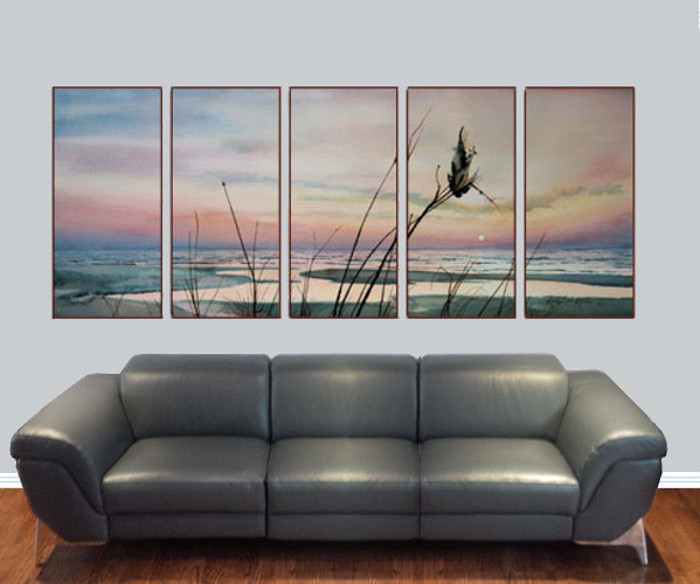 Summer Sunset Beach Painting large canvas pentraptych