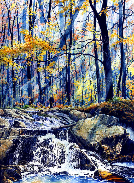 Canadian autumn forest creek waterfall painting
