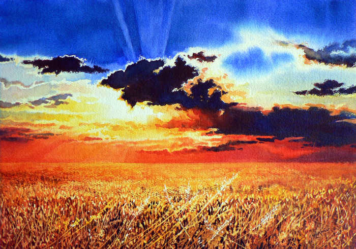 Prairie Wheat Sunset Landscape Painting