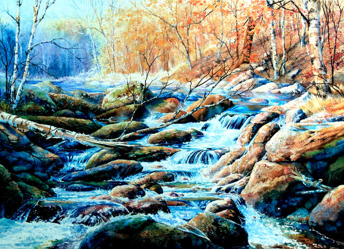 colorful autumn forest stream waterfall painting