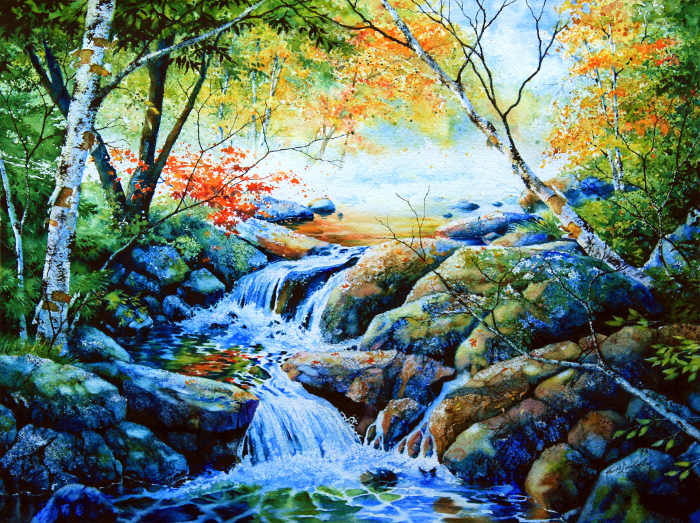 colorful misty autumn forest stream waterfall painting