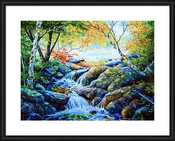 colorful misty autumn forest waterfall painting