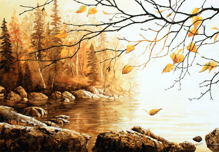 misty autumn lake island painting