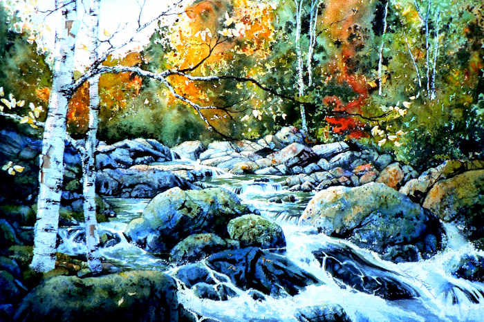 painting of a forest stream in autumn
