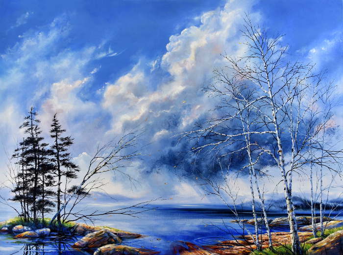 autumn storm cloud over misty lake painting