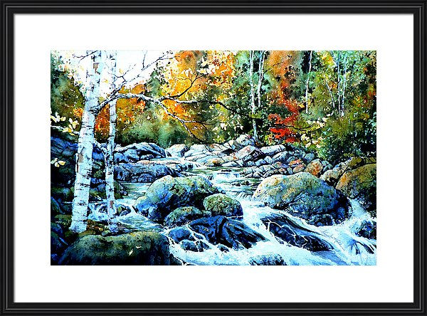 painting of a forest river in autumn