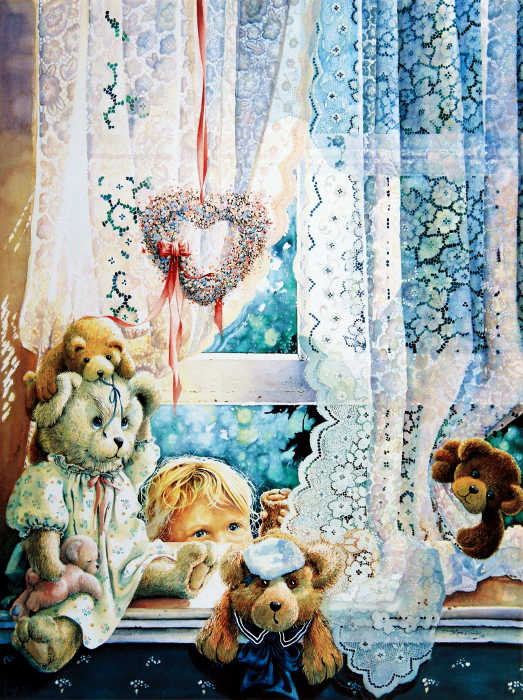 still life painting of teddy bears on window sill