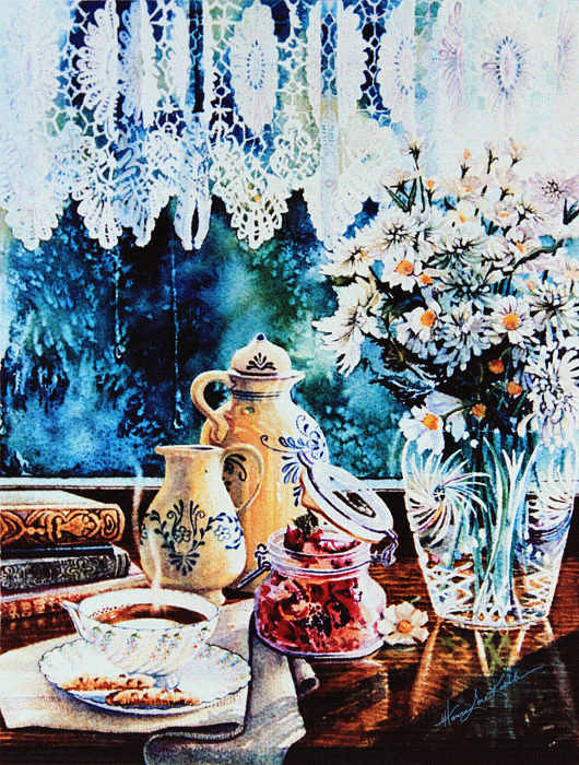 Flowers, Crystal Vase, Lace Curtain window still life painting