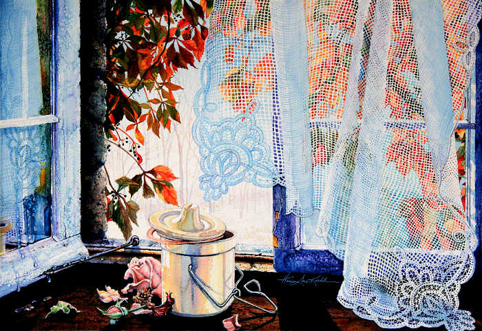 Open Window Paintings With Lace Curtain