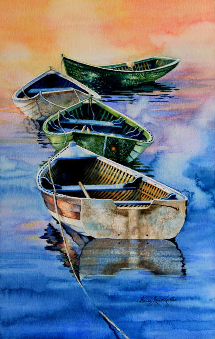 Maritime Painting of East Coast Rowboats In Misty Sunrise