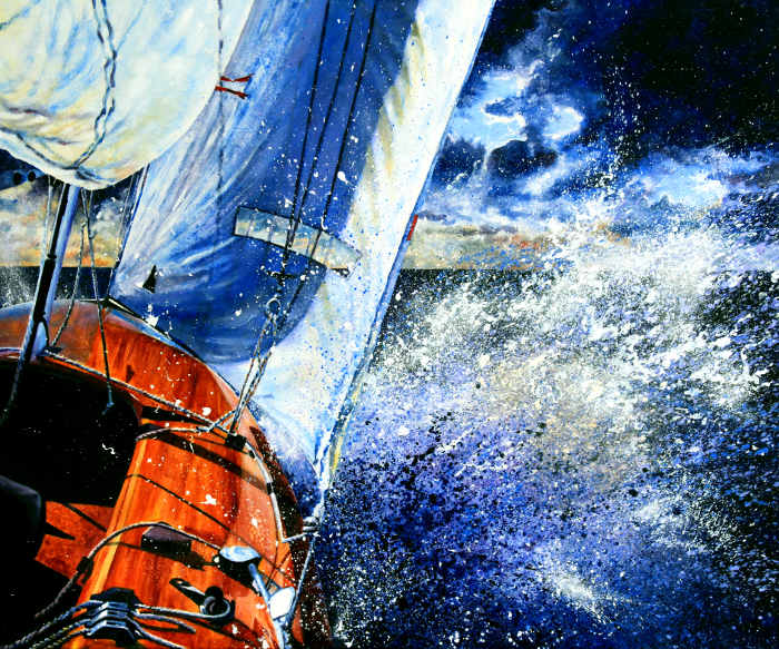 Sailboat splashing on Stormy Seas Painting
