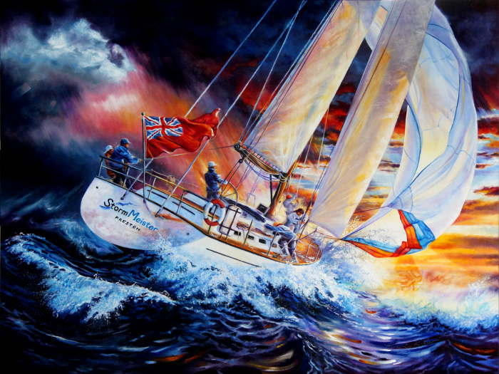Sailing Yacht in Stormy Ocean Sunset Painting