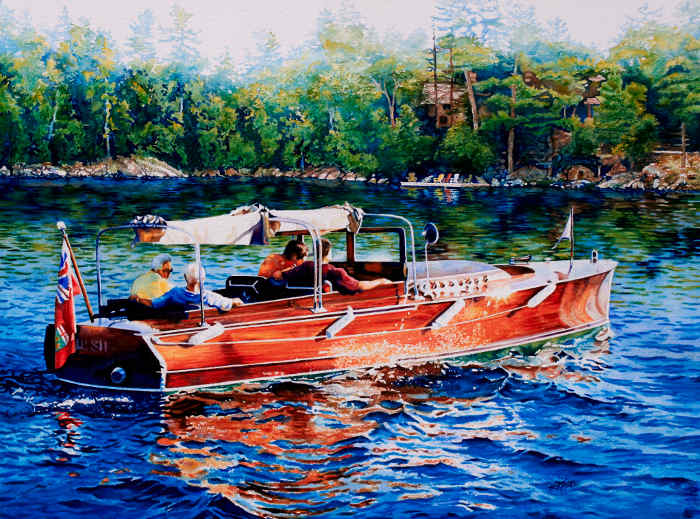 painting of woody lake cruiser motor boat
