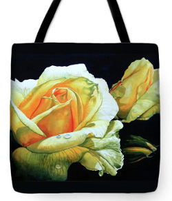 tote bag with flower painting of a yellow rose and rosebud