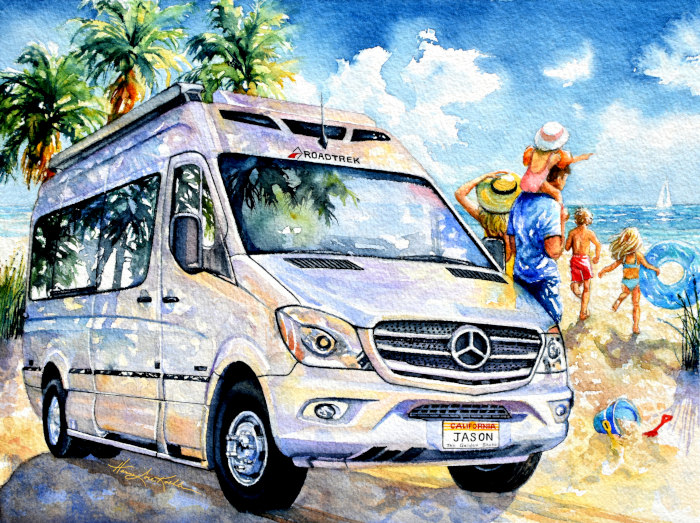 RV Camper Van Motorhome Family Beach Fun Vacation Painting