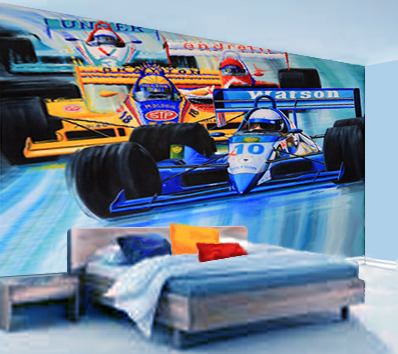 indy car race wall mural in boys room