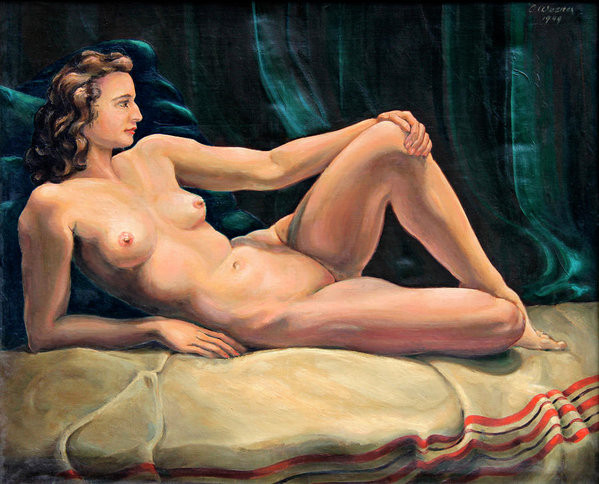 artistic bedroom oil painting of reclining nude woman