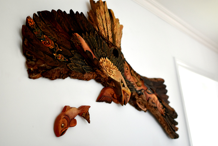 hand-carved eagle and salmon by Hanne Lore Koehler