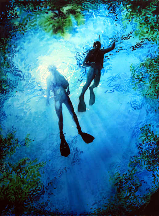 tropical underwater snorkeling coral reef scuba divers painting