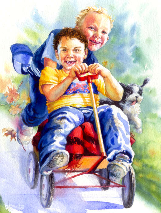 painting of boys playing with a wagon