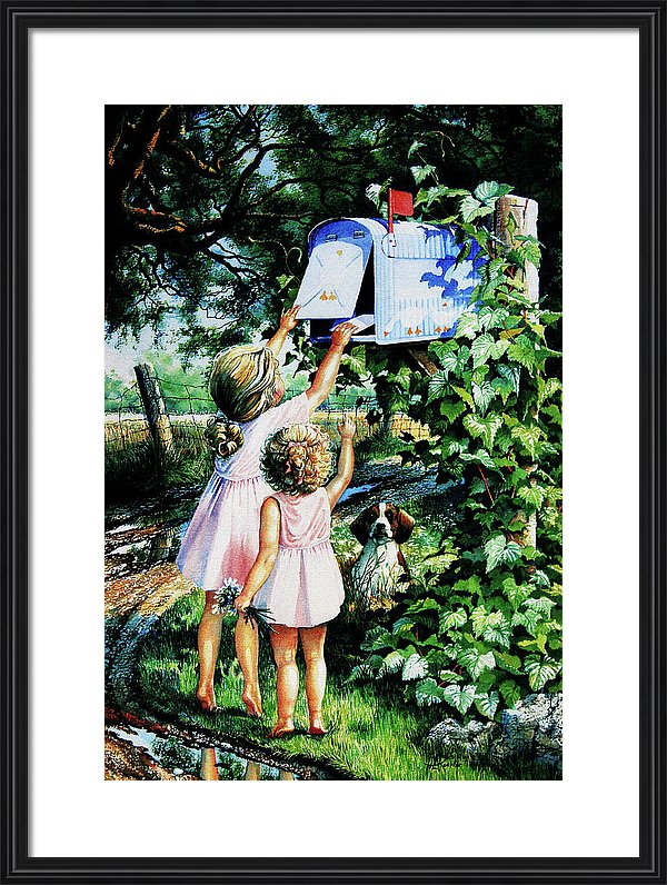 painting of girls mailing grandma's letter at country mailbox