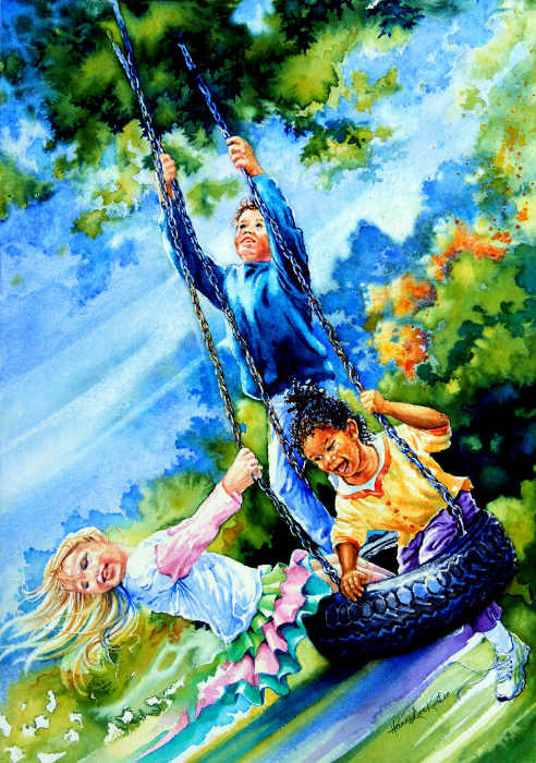 painting of children playing on a tire swing