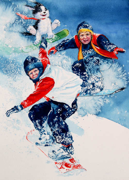 painting of boys snow boarding