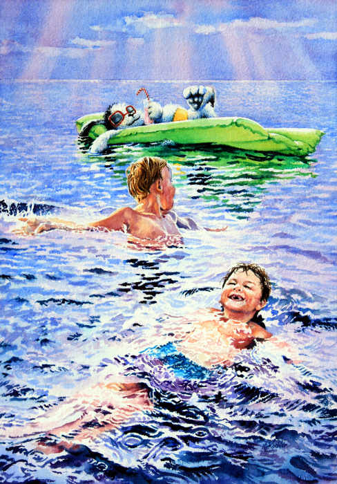 children swimming in lake with dog