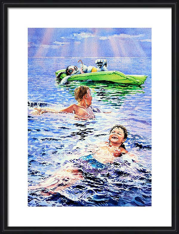 painting of children swimming at the beach