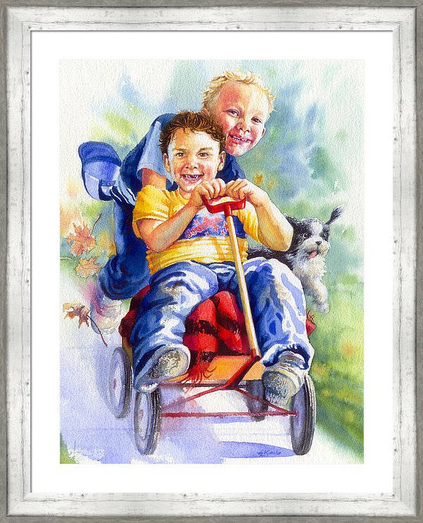 painting of boys playing with a wagon