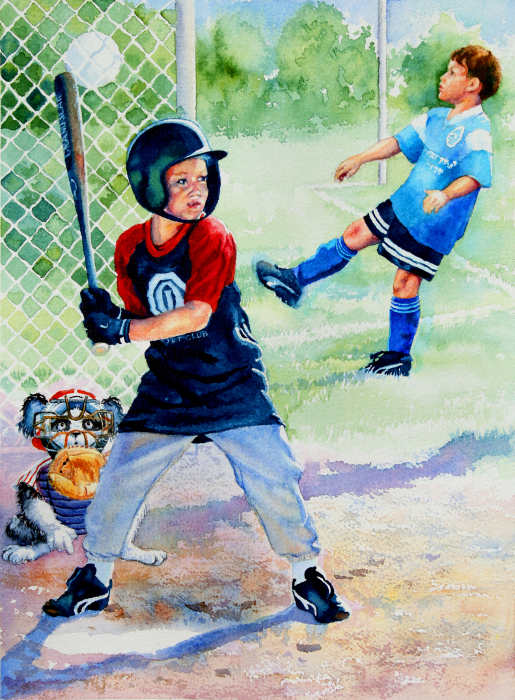 painting of boys playing soccer