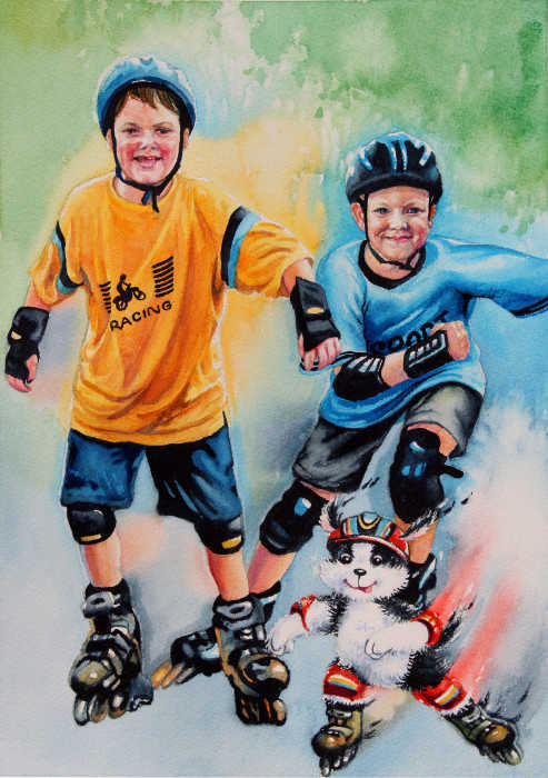 painting of boys roller blading