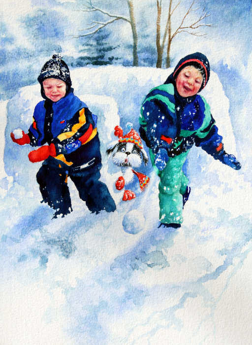 painting of boys throwing snowballs