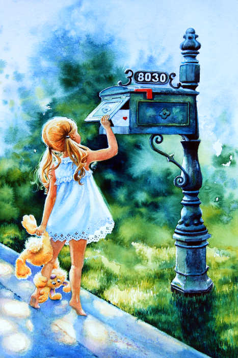 painting of girl mailing a letter to grandma