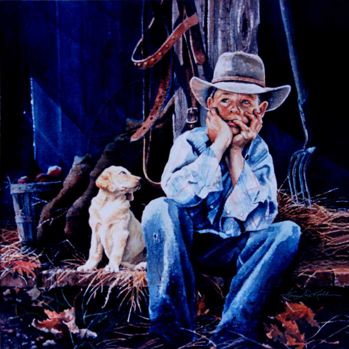 painting of boy and puppy in barn