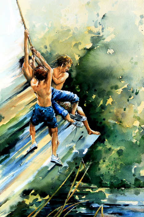 painting of boys jumping into a lake