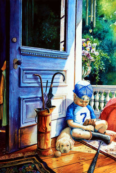 painting of boy asleep with puppy