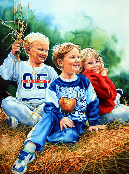 portrait painting of three children