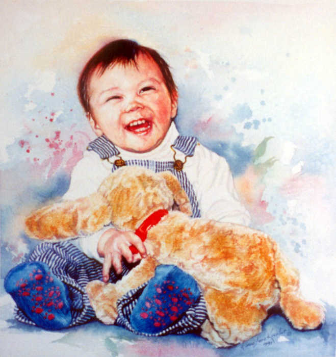 watercolor portrait of baby holding stuffed dog