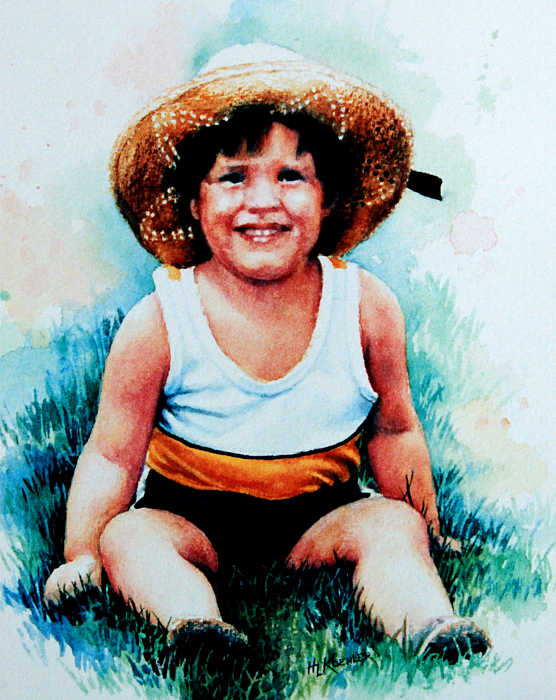 watercolor portrait of a little boy wearing straw hat