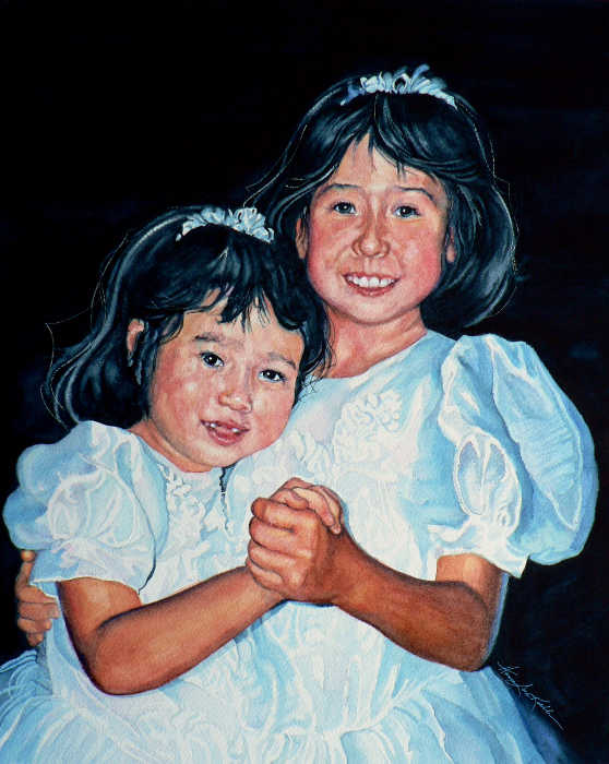 watercolor portrait of two little girls in confirmation dresses