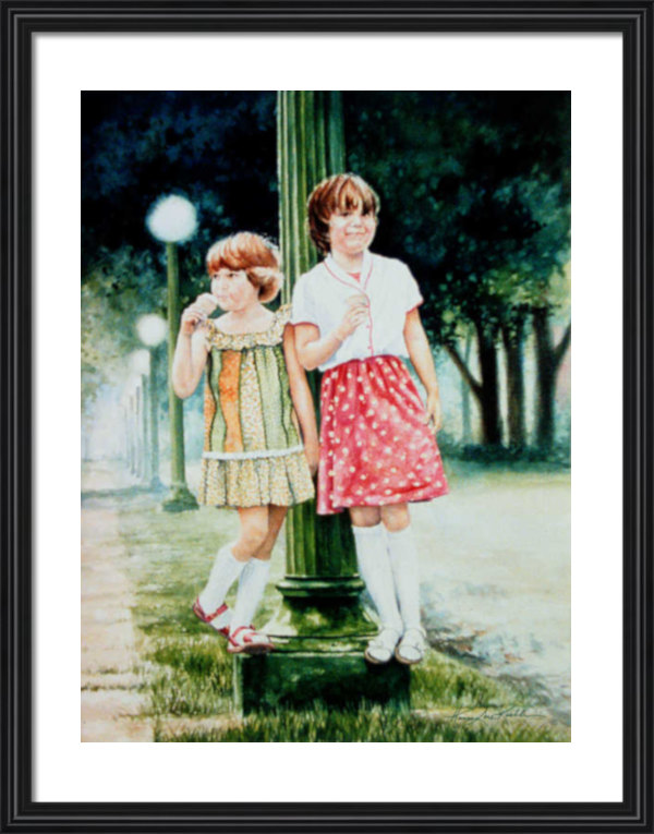 watercolor painting of two sisters eating ice cream