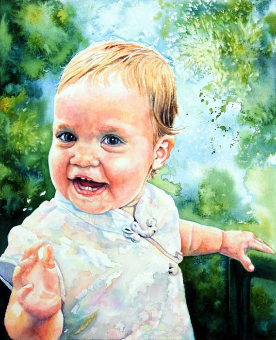 watercolor portrait of baby taking first steps