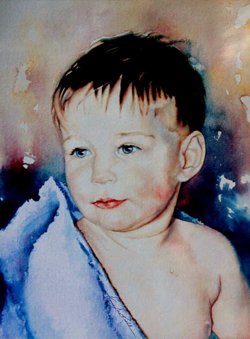 watercolor portrait of young boy after bath