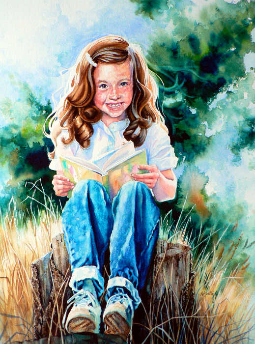 watercolor portrait of a young girl reading