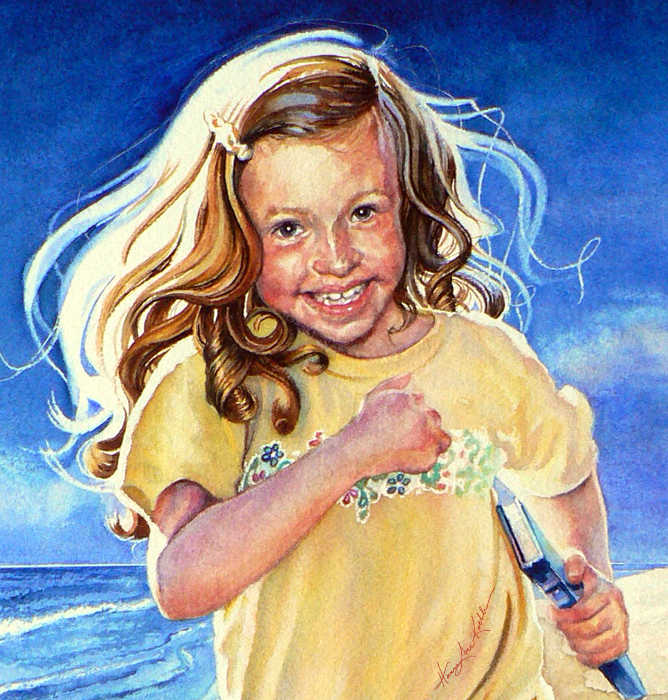 watercolor portrait of a girl on the beach