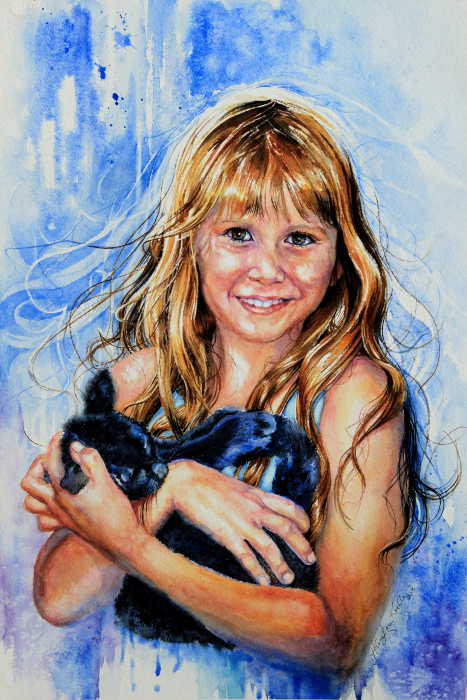 watercolor portrait of A GIRL WITH HER CAT